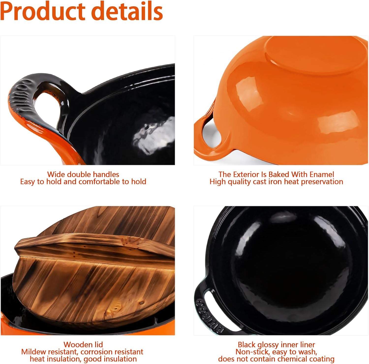 2 QT Black Enameled Cast Iron Dutch Oven,Iron Biryani Pot,Le Creuset,Instant Pot Bakeware Sets, Casserole Dishes for Oven - orange